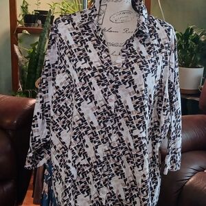 Black,White and Taupe Abstract Patterned Button-Up Shirt